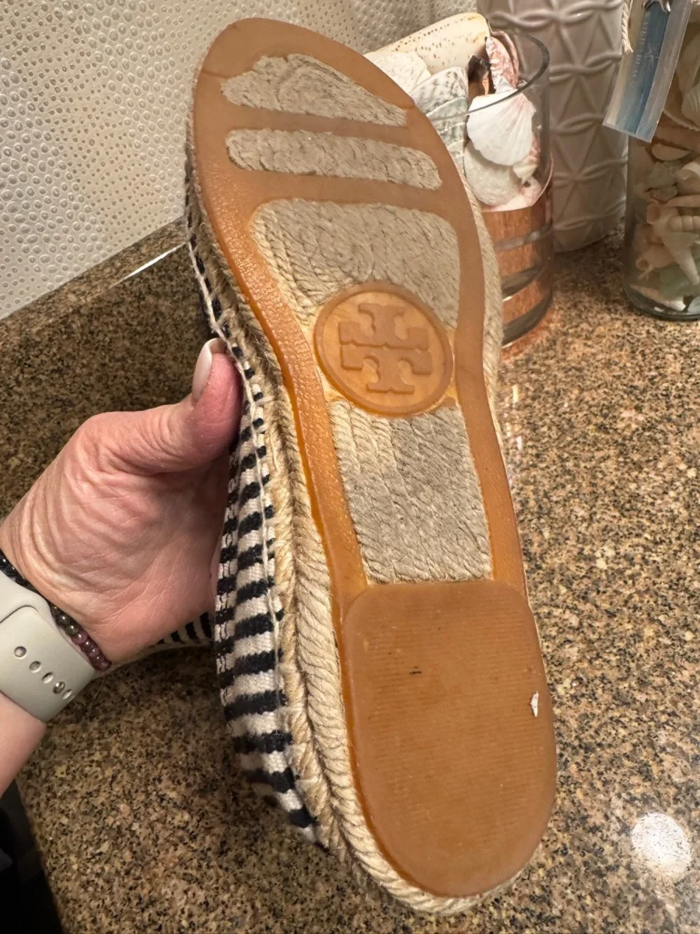 Tory Burch Black and White Striped‎ Espadrille Loafers with Gold Logo Size 9